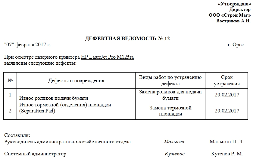 Дефектная ведомость на списание основных средств в бюджетном учреждении образец