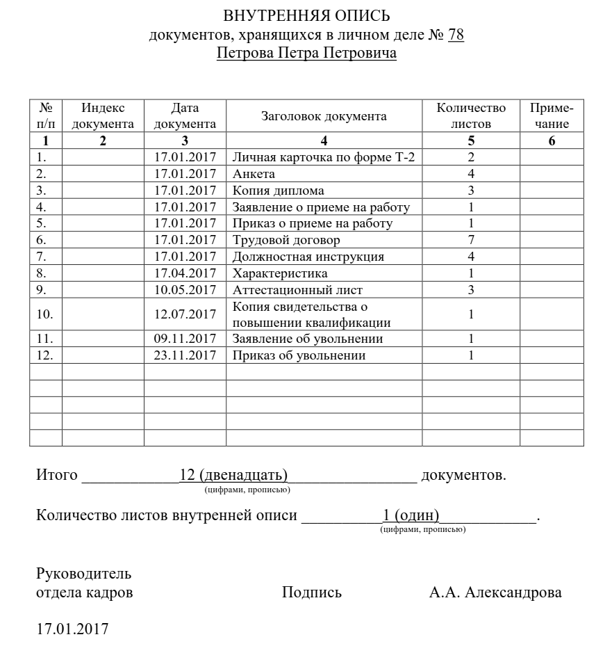Формирование личных дел сотрудников образец