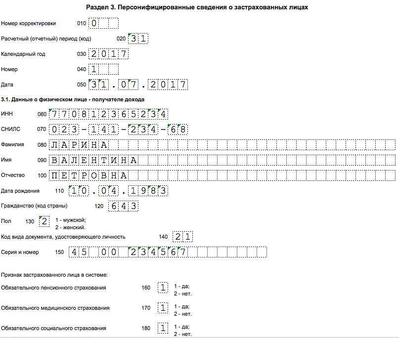 Персонифицированные сведения о физ лицах образец