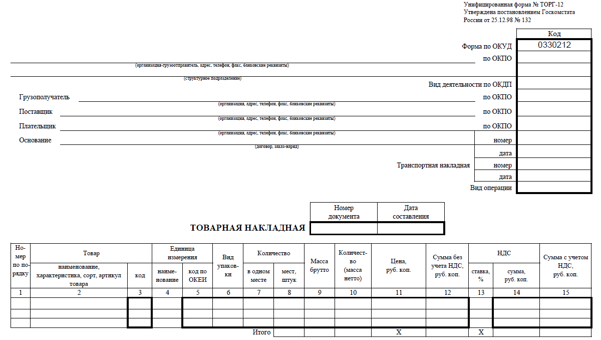 Образец торг 12 бланк excel