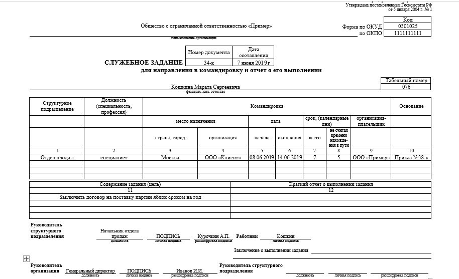 План служебной командировки образец