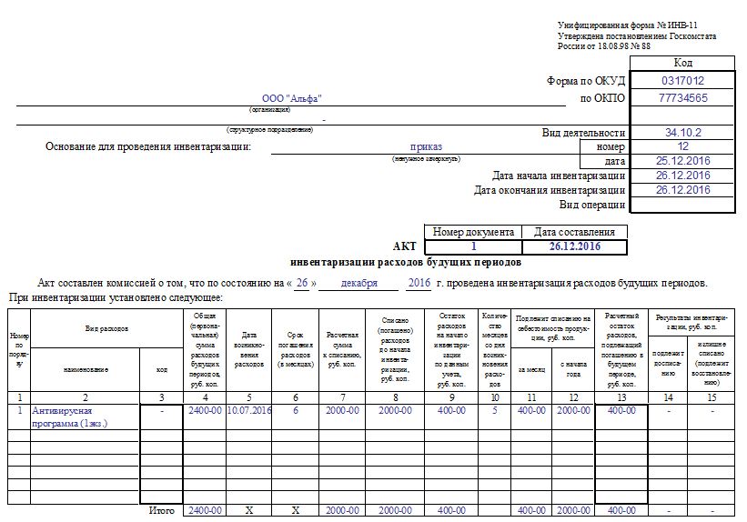 Форма инв 1 образец