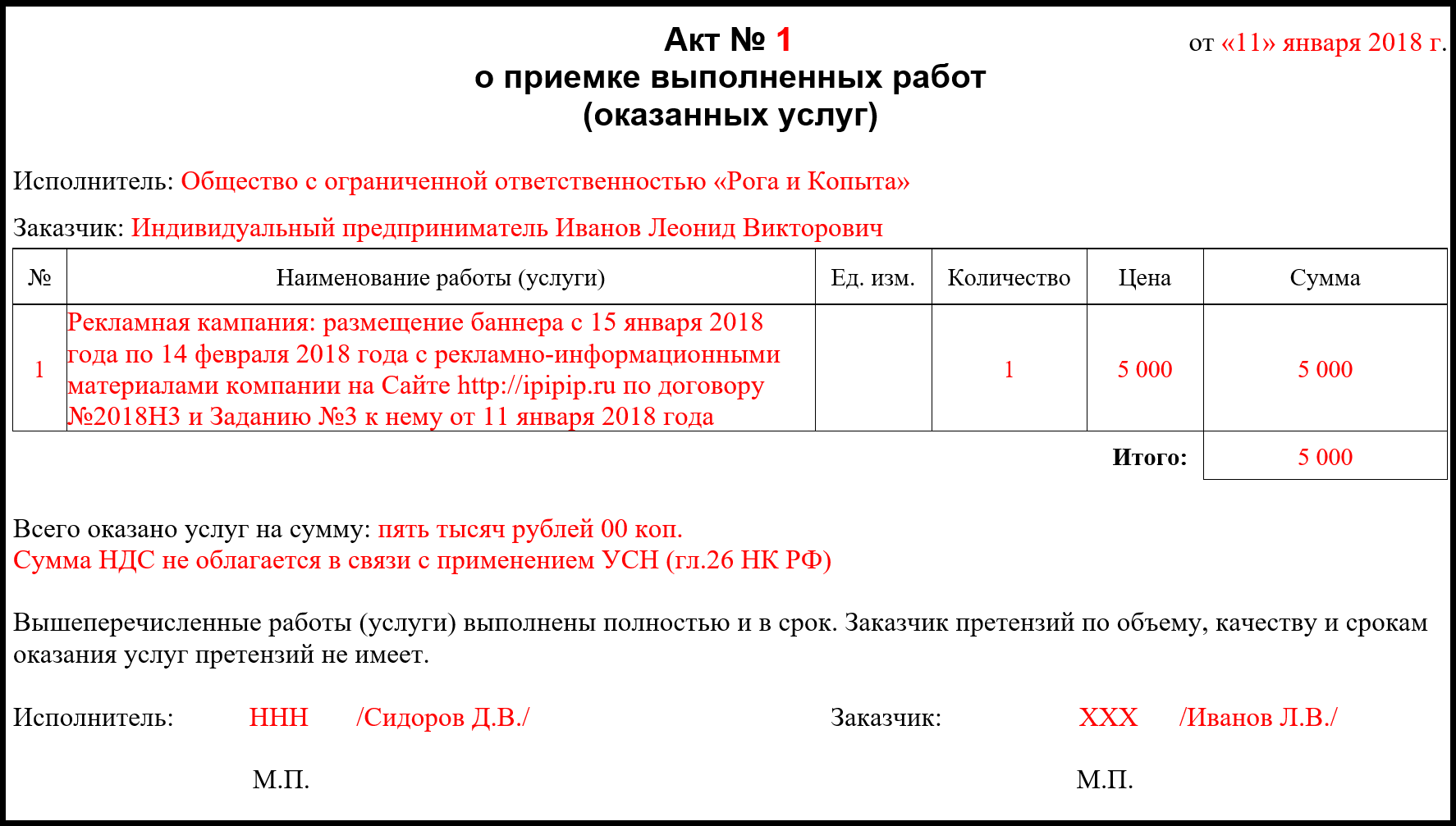 Акт выполненных работ на проектные работы образец